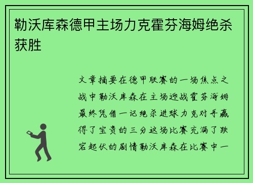 勒沃库森德甲主场力克霍芬海姆绝杀获胜