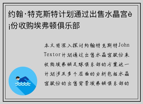 约翰·特克斯特计划通过出售水晶宫股份收购埃弗顿俱乐部